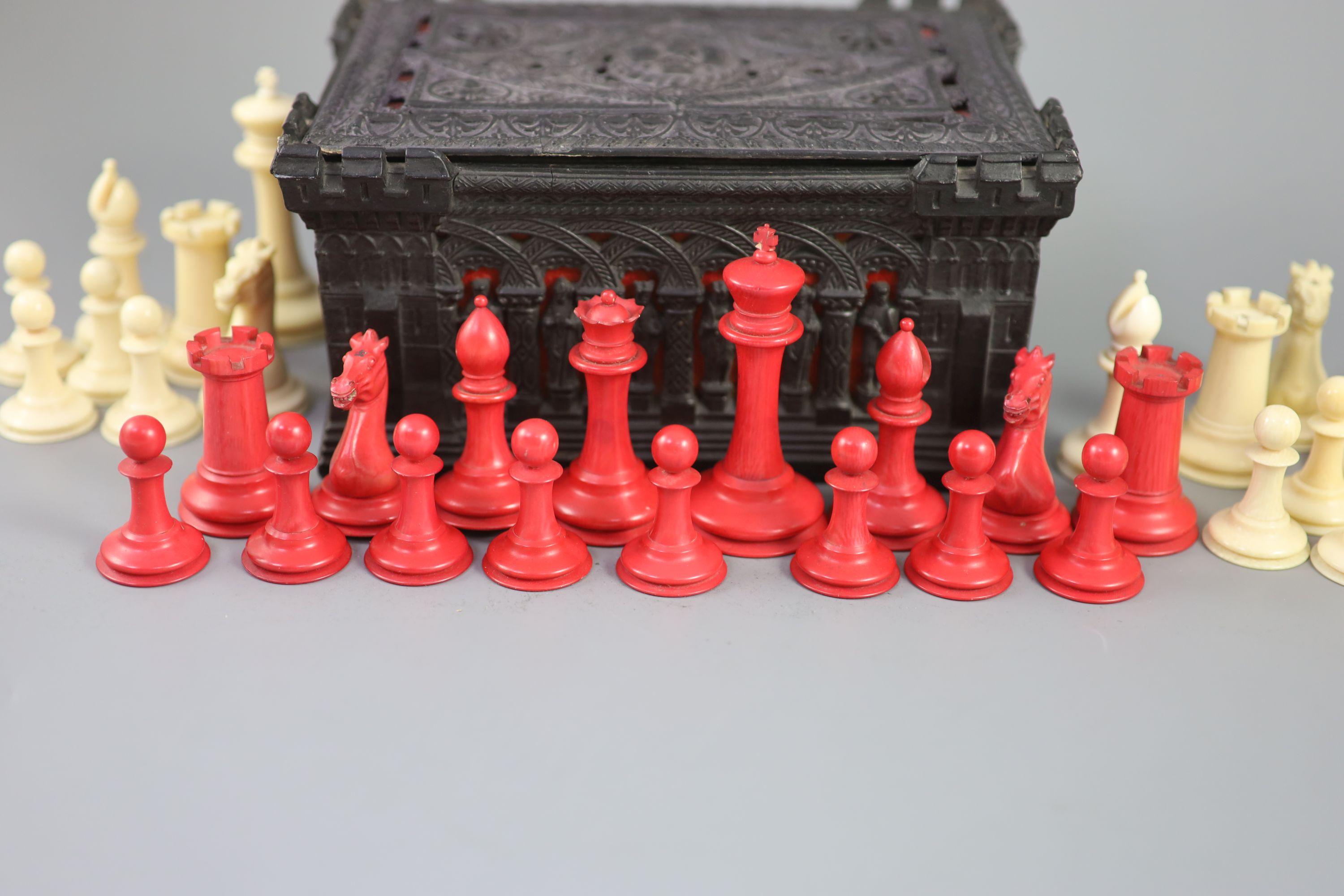 A Jaques London red and white ivory 3 1/2 Staunton chess set, c.1850, 8.25 x 6 x 4in.